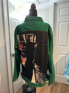 Green Rhinestone Rolling Stones Sticky Fingers Denim Jean Jacket (XL)